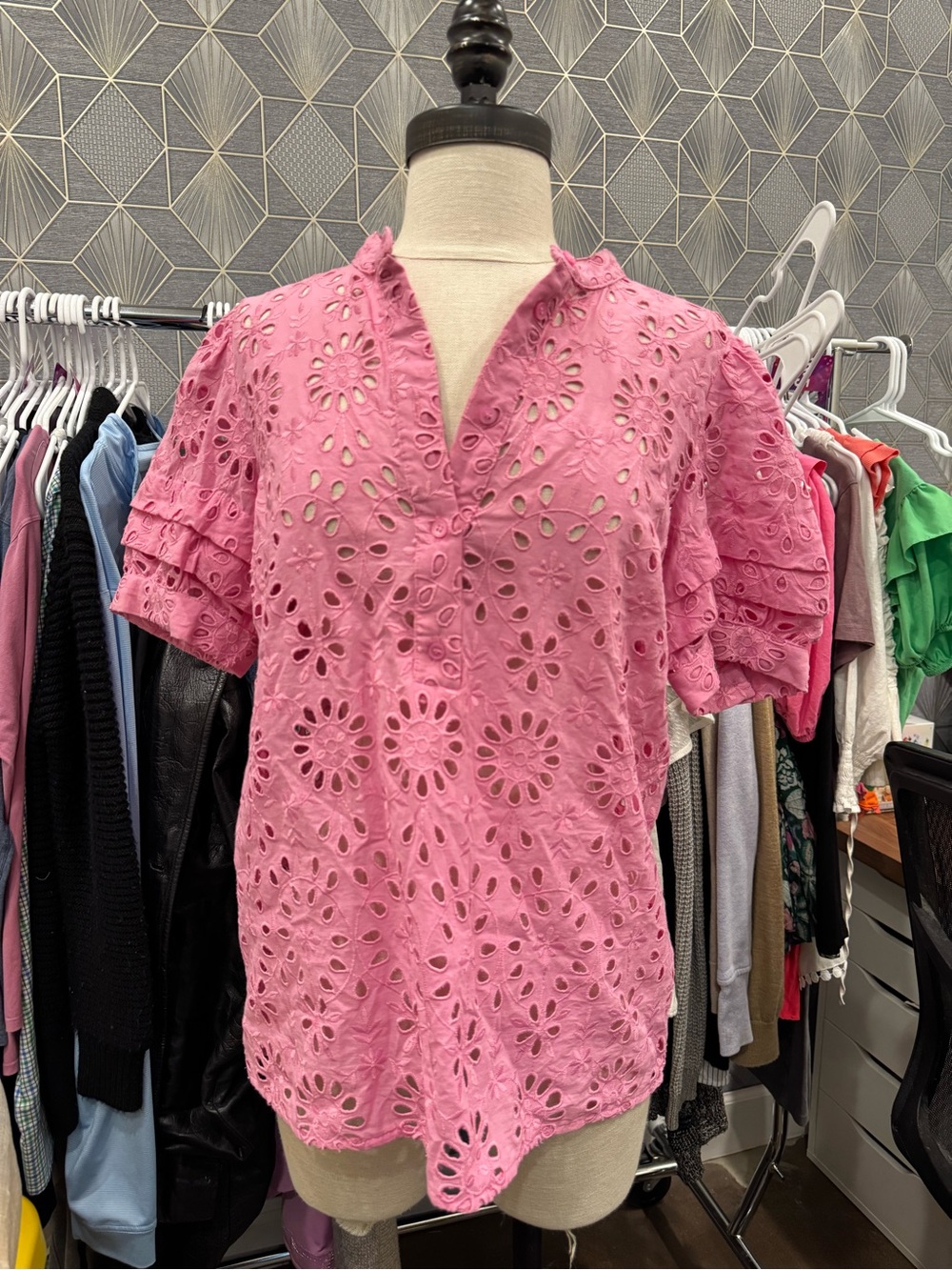 J. Crew Pink Eyelet Notch-Neck Short Sleeve Blouse